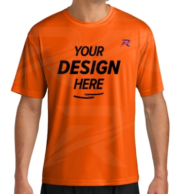 Orange custom performance T-shirt with printed chest logo area, front view