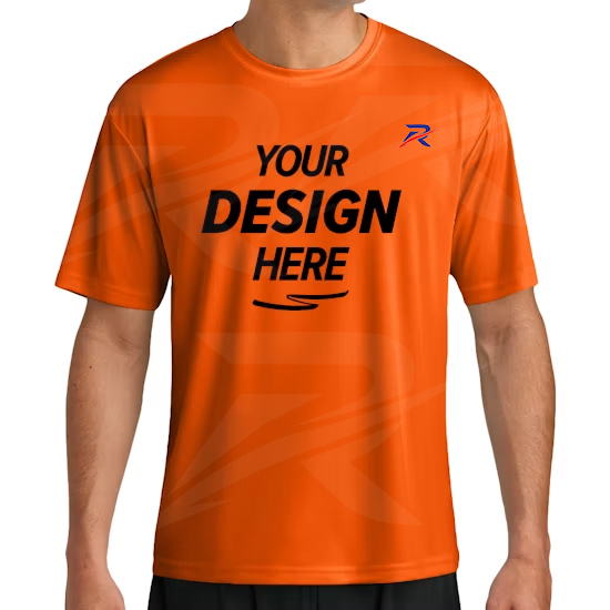 Orange custom performance T-shirt with printed chest logo area, front view