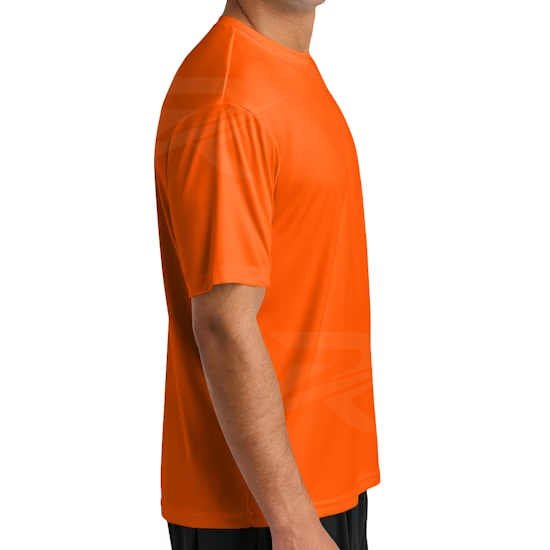 Orange custom performance T-shirt, side view showing the athletic fit