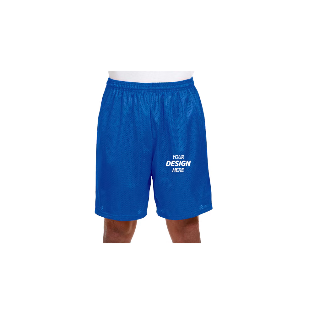 Royal blue custom mesh gym shorts with logo placement on the leg