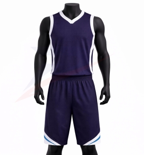 Custom navy basketball uniform with jersey and shorts, front view