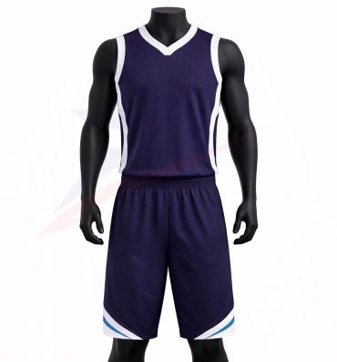 Custom navy basketball uniform with jersey and shorts, front view