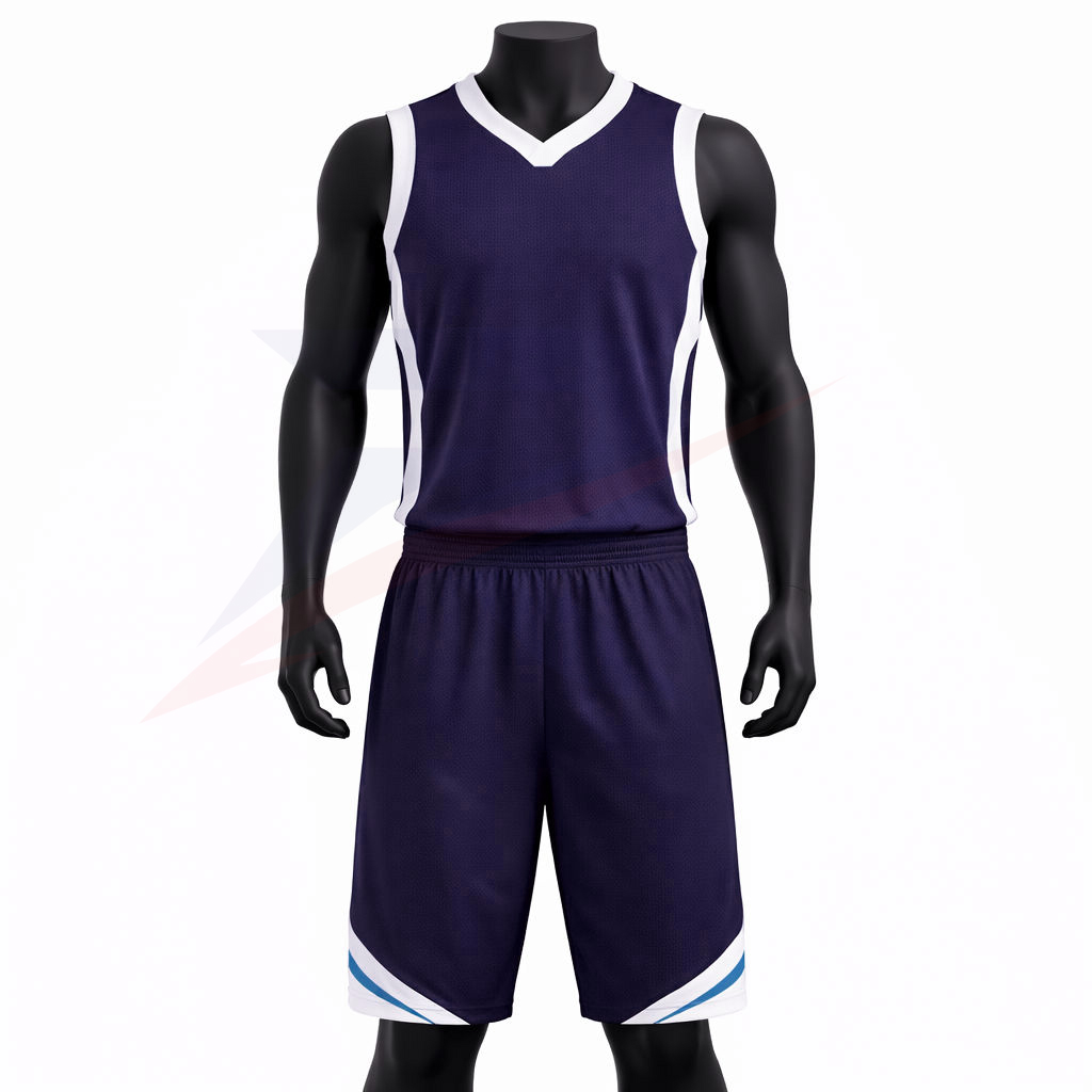 Custom navy basketball uniform with jersey and shorts, front view