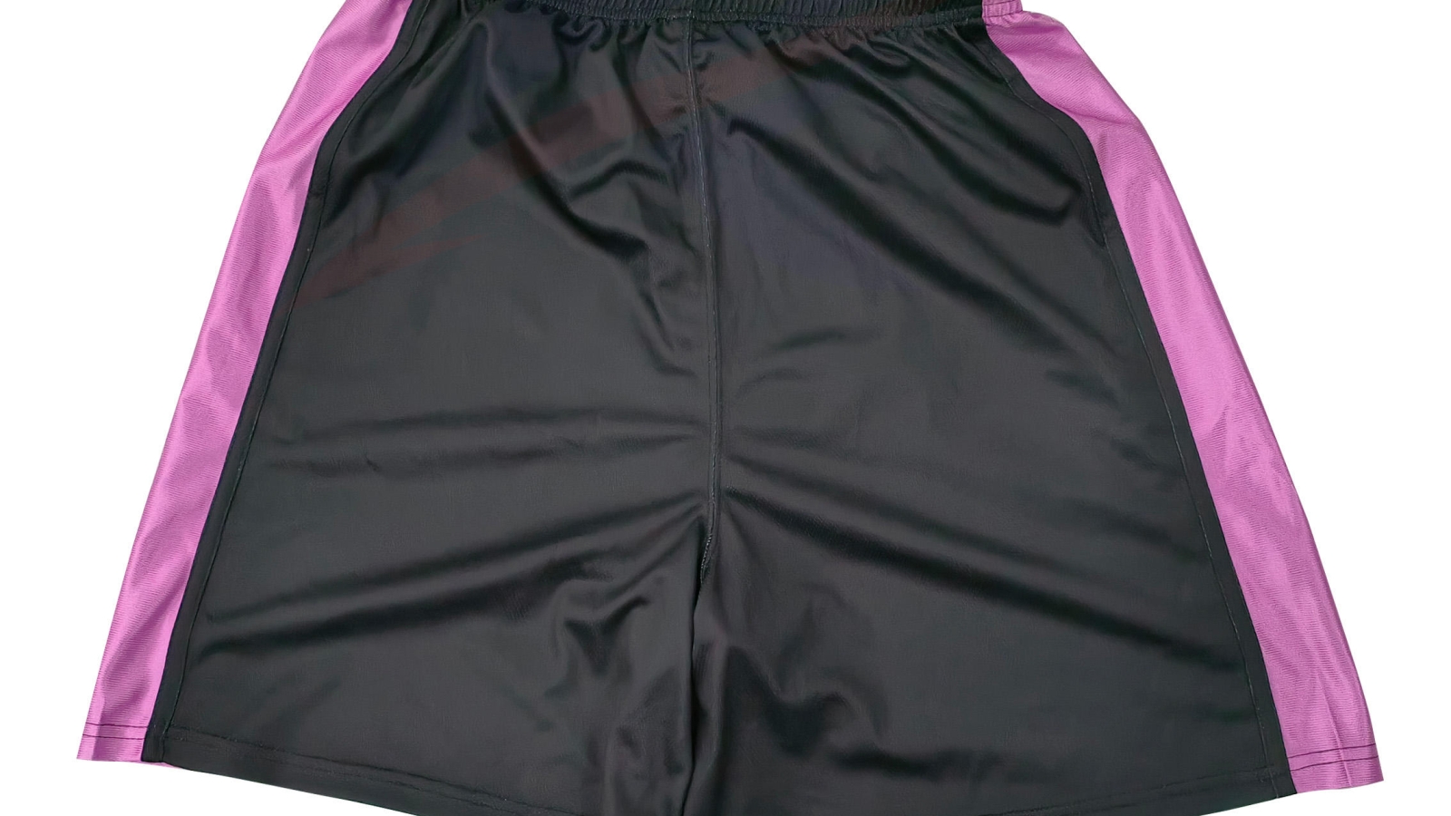 Custom black basketball shorts with pink side panels, front view