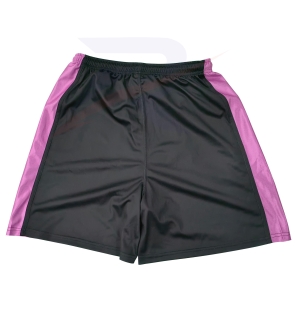 Custom black basketball shorts with pink side panels, front view