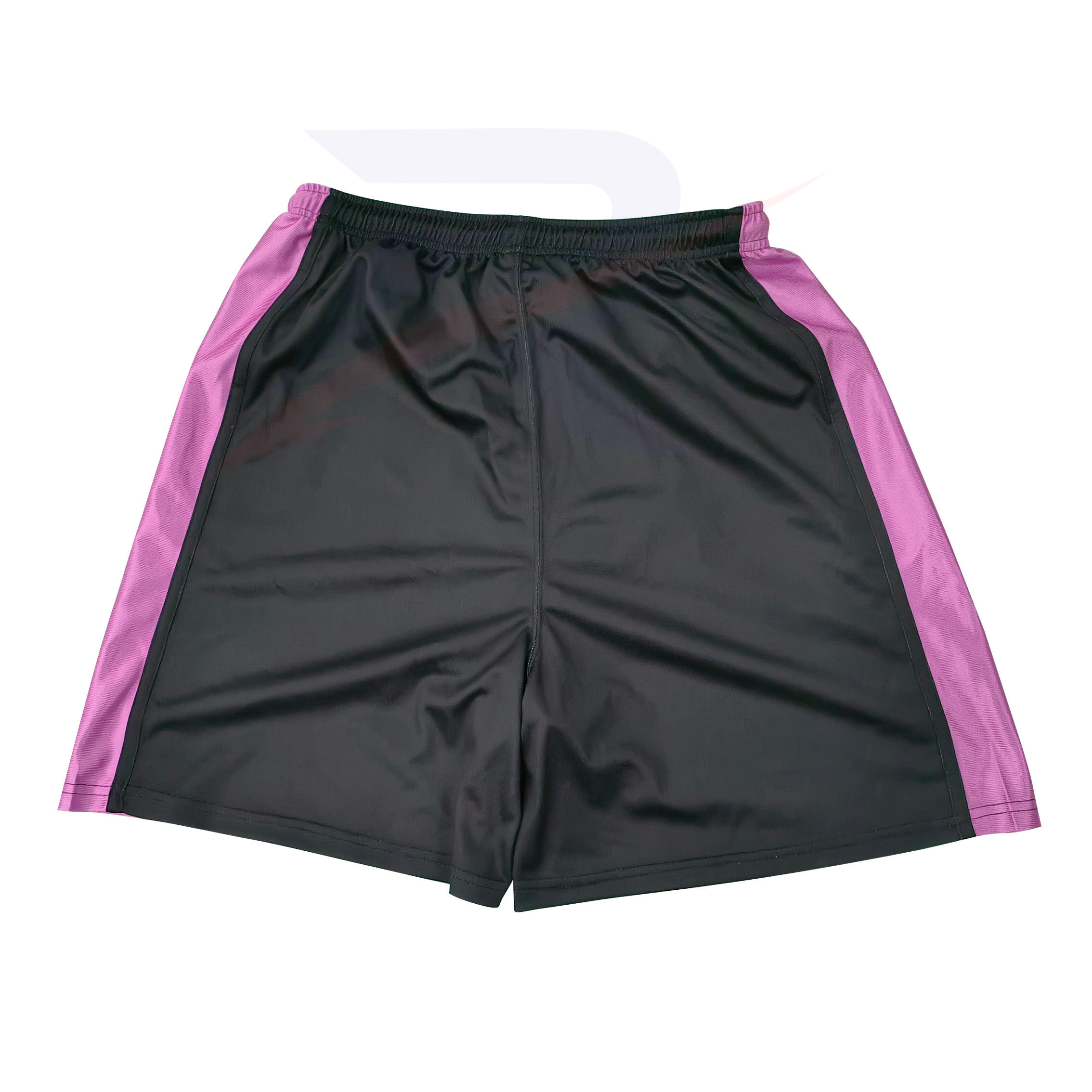 Custom black basketball shorts with pink side panels, front view