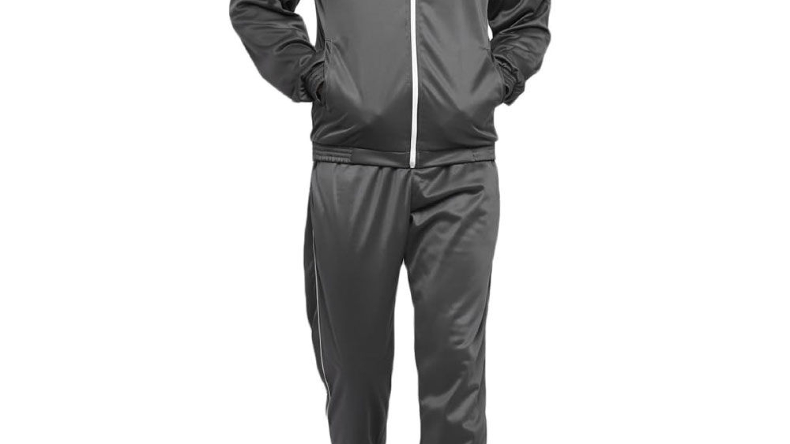 Grey custom training tracksuit with white and blue chest panel, front view