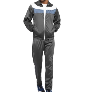 Grey custom training tracksuit with white and blue chest panel, front view