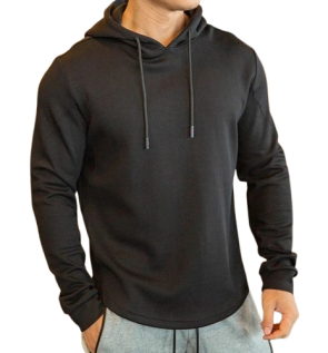 Black custom performance hoodie with drawcord hood, athletic fit and curved hem