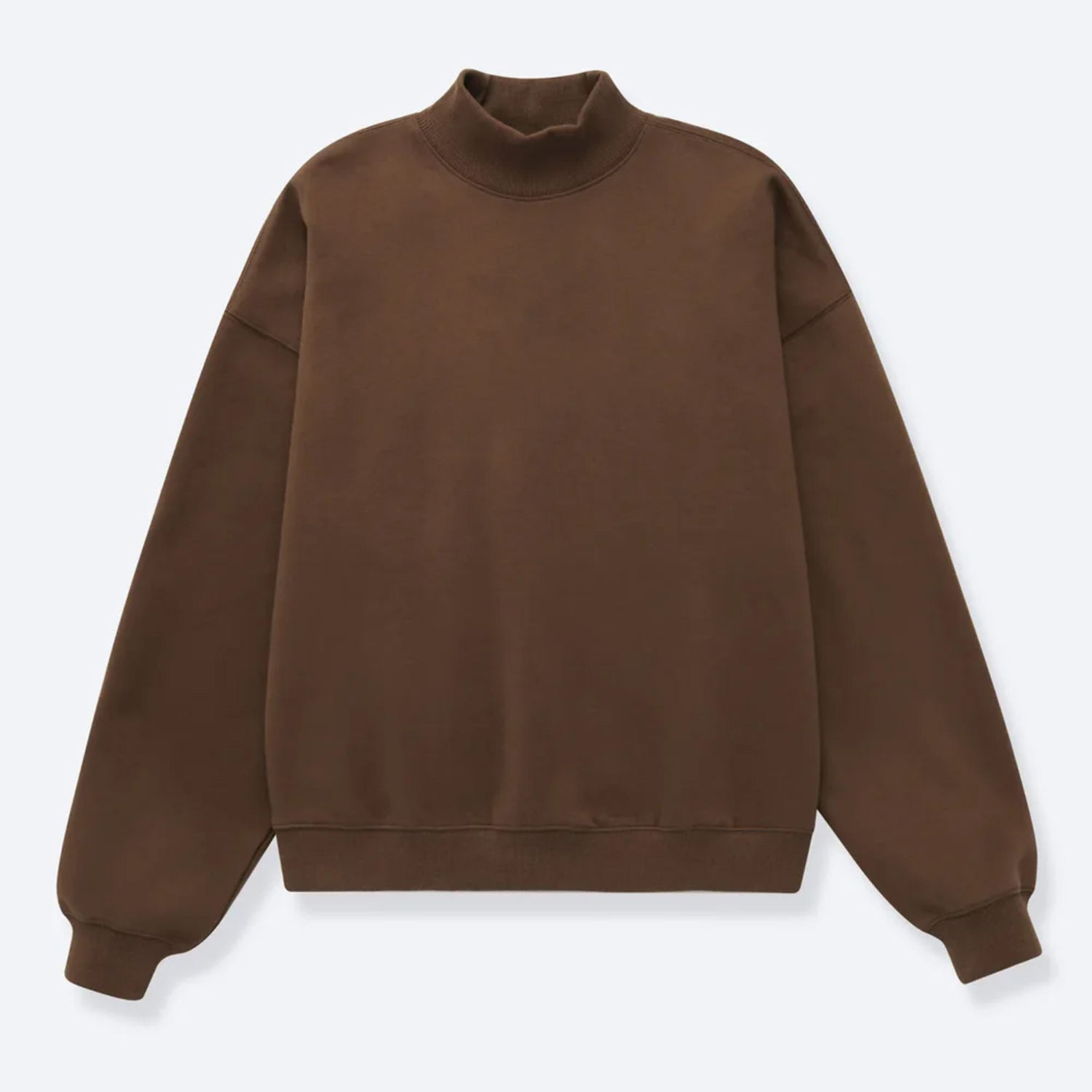 Front view of a brown custom mock neck sweatshirt with dropped shoulders and ribbed cuffs