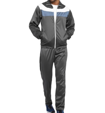 Grey custom training tracksuit with white and blue chest panel, front view