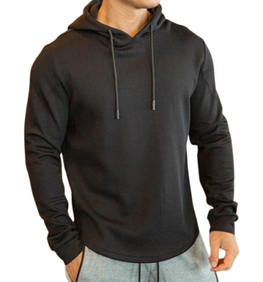 Black custom performance hoodie with drawcord hood, athletic fit and curved hem
