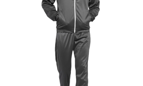 Grey custom training tracksuit with white and blue chest panel, front view