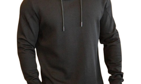 Black custom performance hoodie with drawcord hood, athletic fit and curved hem