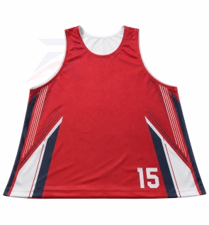 Custom reversible basketball jersey in red with number 15, front view