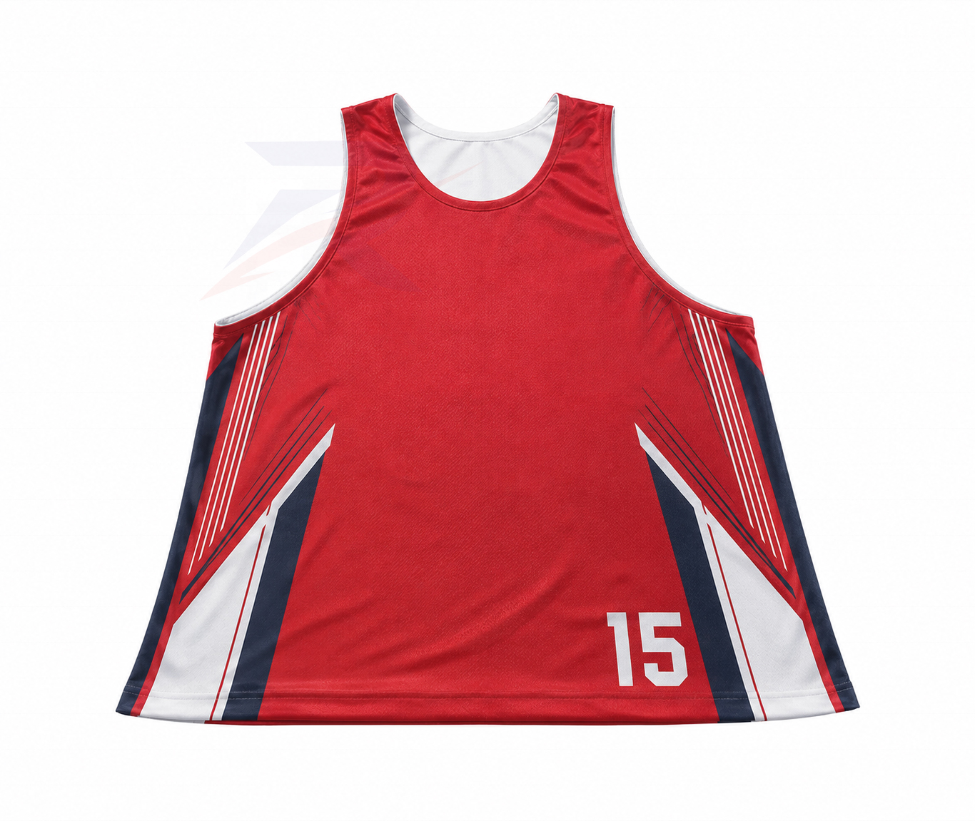 Custom reversible basketball jersey in red with number 15, front view