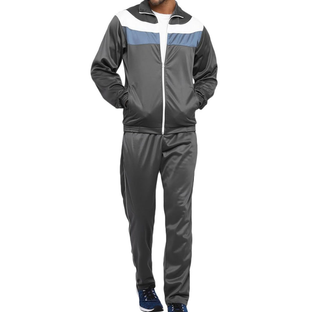 Grey custom training tracksuit with white and blue chest panel, front view