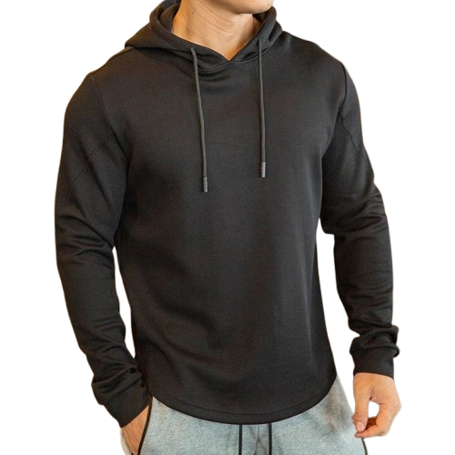 Black custom performance hoodie with drawcord hood, athletic fit and curved hem