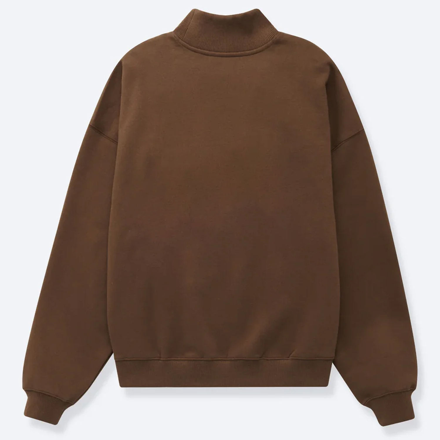 Back view of a brown custom mock neck sweatshirt showing the ribbed mock collar and hem