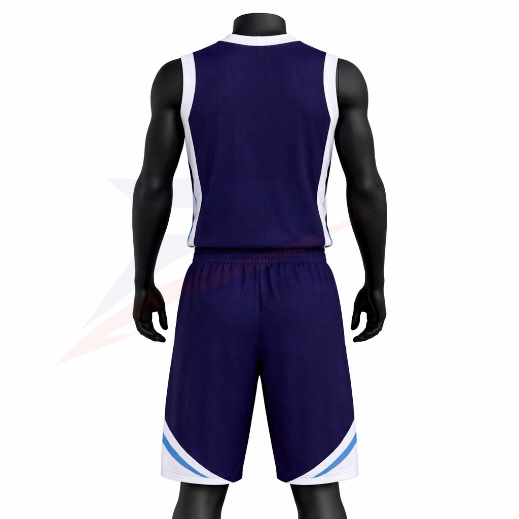 Custom navy basketball uniform, back view