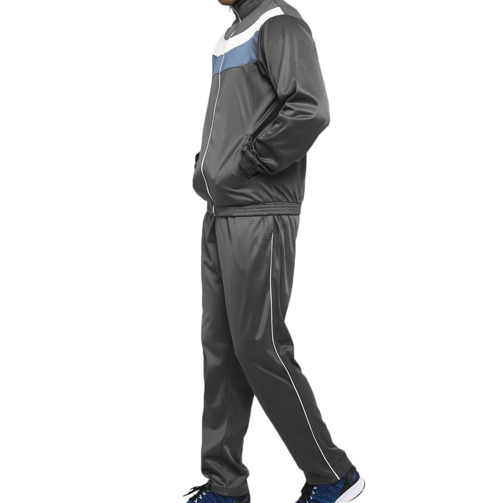 Grey custom training tracksuit with piped pants, side view