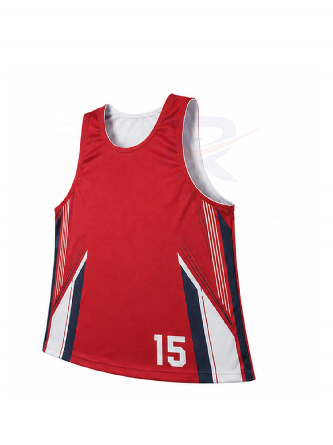 Custom reversible basketball jersey with number 15, angled view