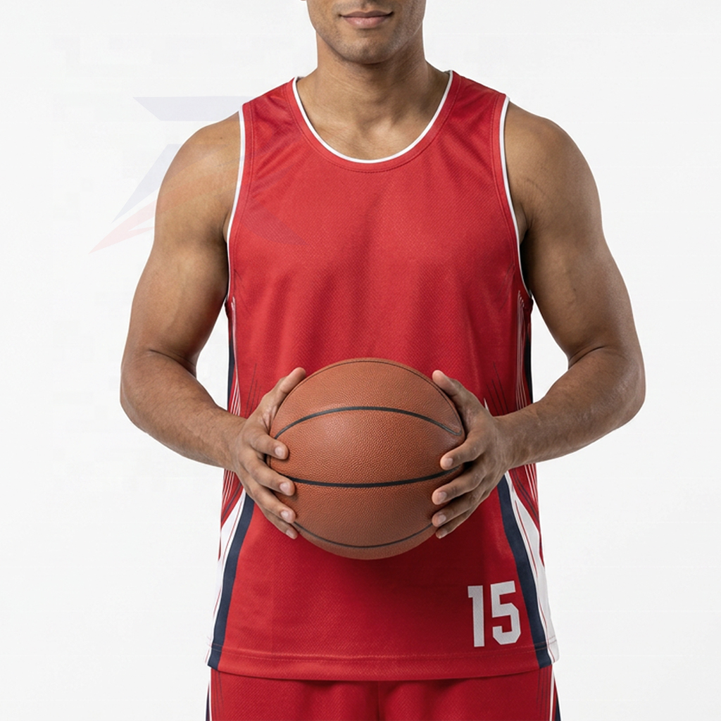 Player wearing a custom red reversible basketball jersey