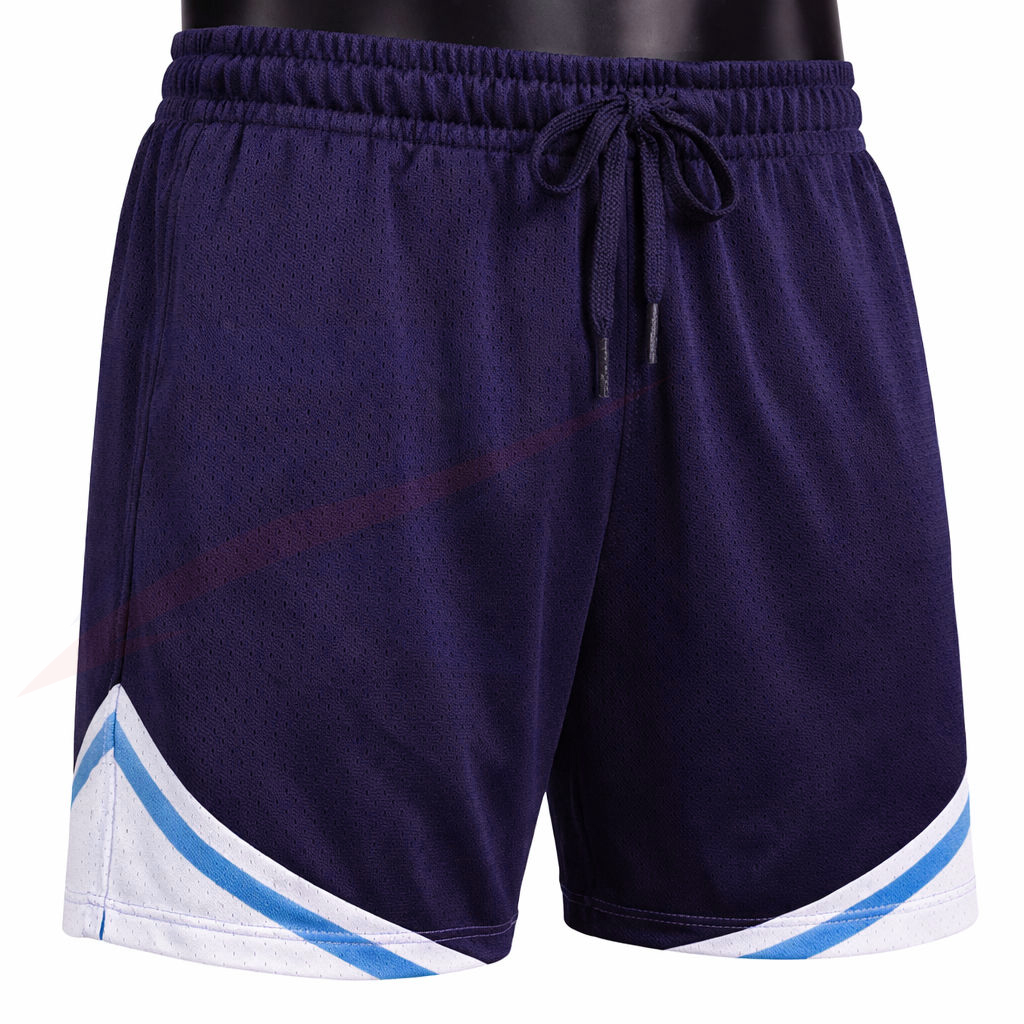 Custom navy basketball shorts with light blue trim