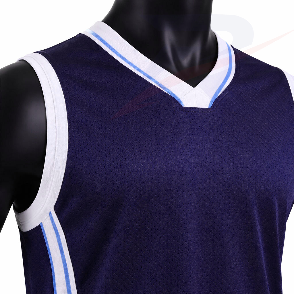Close-up of custom basketball jersey V-neck and trim