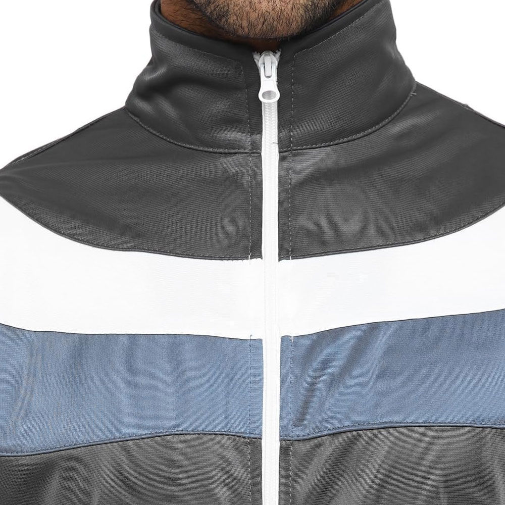 Close-up of custom tracksuit jacket with stand-up collar, full zip and contrast chest panel