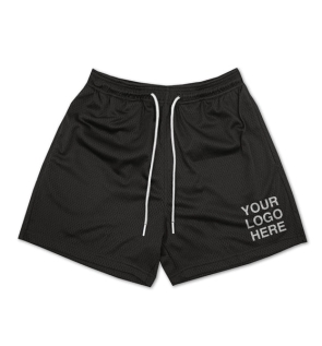 Black custom gym shorts with white drawcord and printed logo on the leg