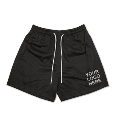 Black custom gym shorts with white drawcord and printed logo on the leg