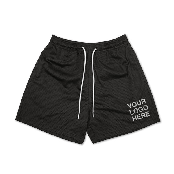 Black custom gym shorts with white drawcord and printed logo on the leg